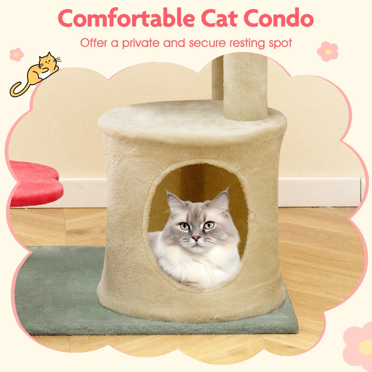 Multi-Level Aesthetic Floral Kitten Tower with Flower-Shaped Plush Padded Perch-Red