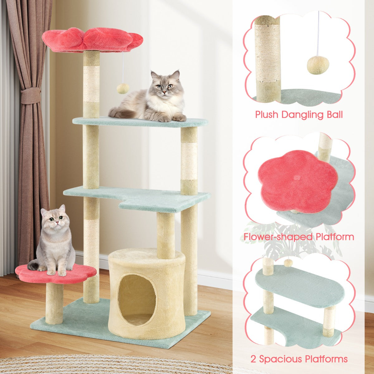 Multi-Level Aesthetic Floral Kitten Tower with Flower-Shaped Plush Padded Perch-Red