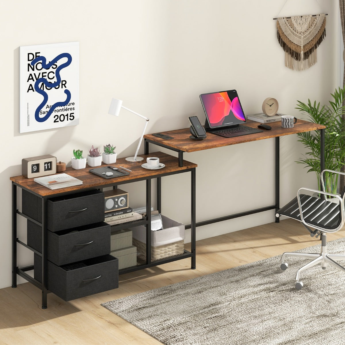 Costway L-shaped Computer Desk with Power Outlet for Working-Brown