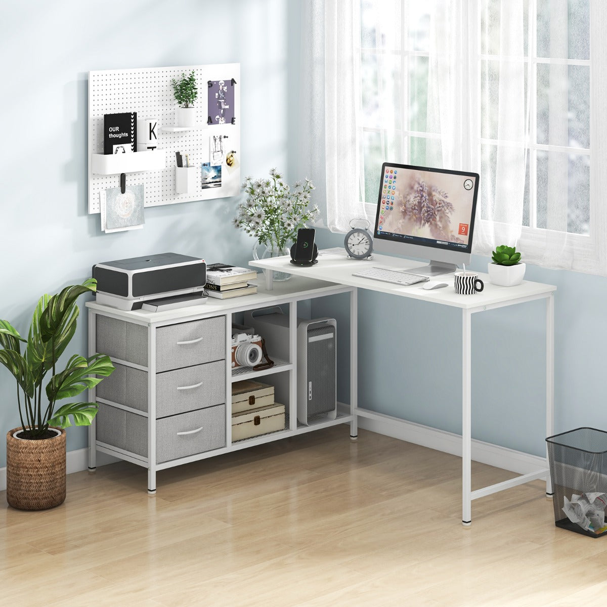 Costway L-shaped Computer Desk with Power Outlet for Working Studying-White