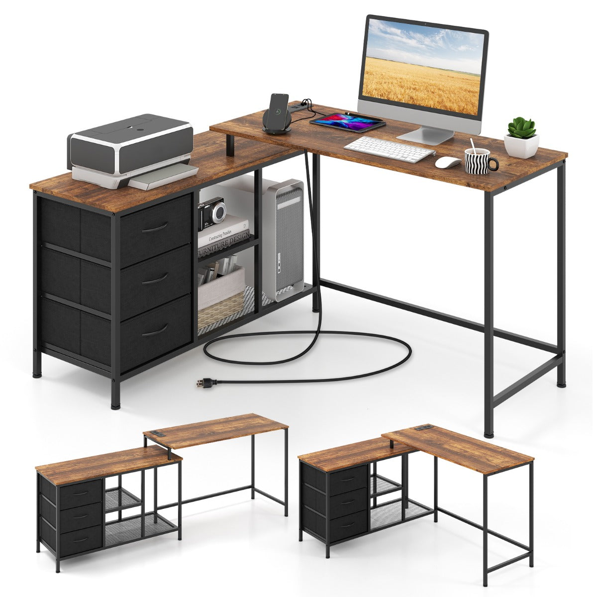 Costway L-shaped Computer Desk with Power Outlet for Working-Brown