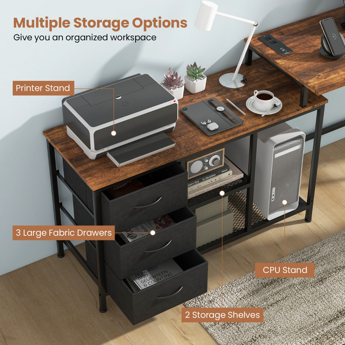 Costway L-shaped Computer Desk with Power Outlet for Working-Brown