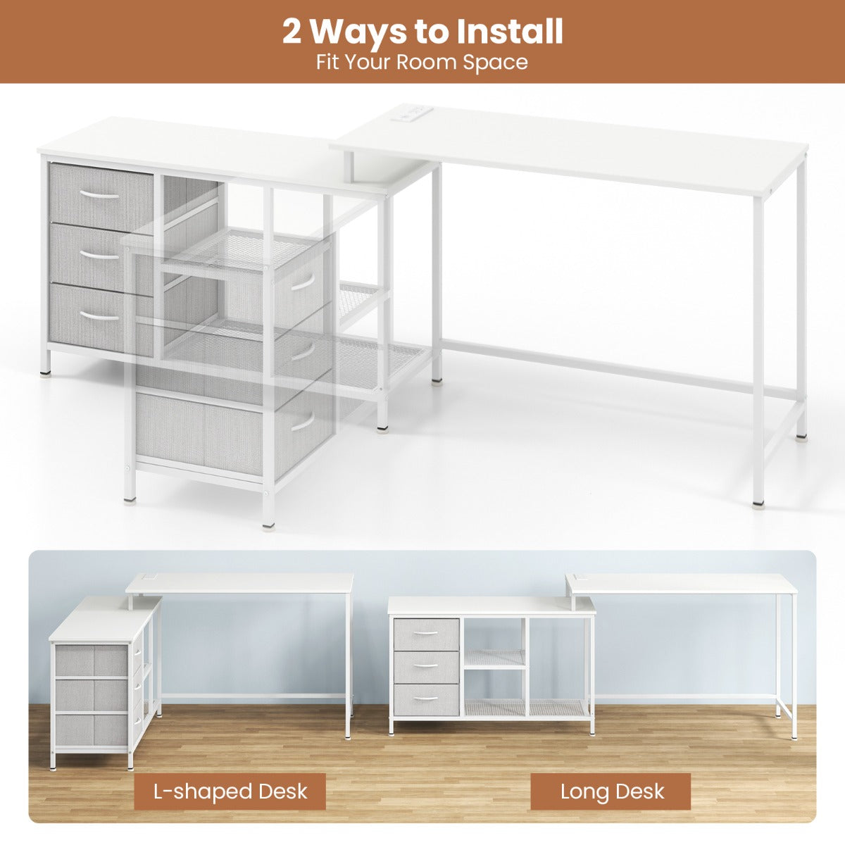 Costway L-shaped Computer Desk with Power Outlet for Working Studying-White
