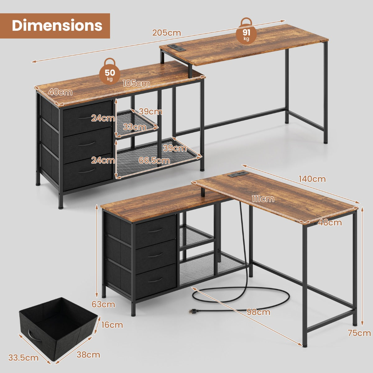 Costway L-shaped Computer Desk with Power Outlet for Working-Brown
