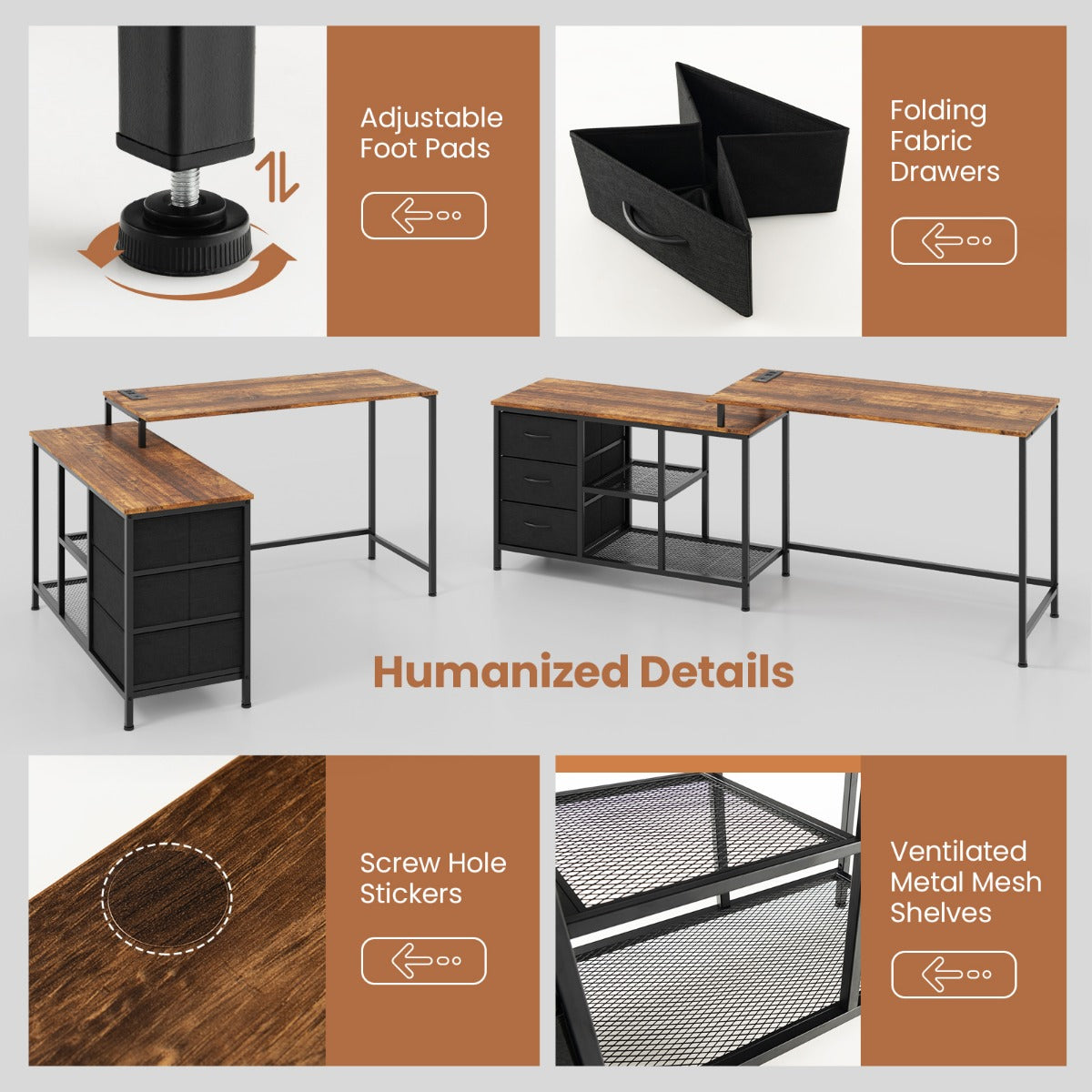 Costway L-shaped Computer Desk with Power Outlet for Working-Brown