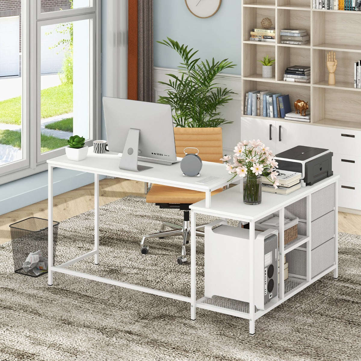 Costway L-shaped Computer Desk with Power Outlet for Working Studying-White