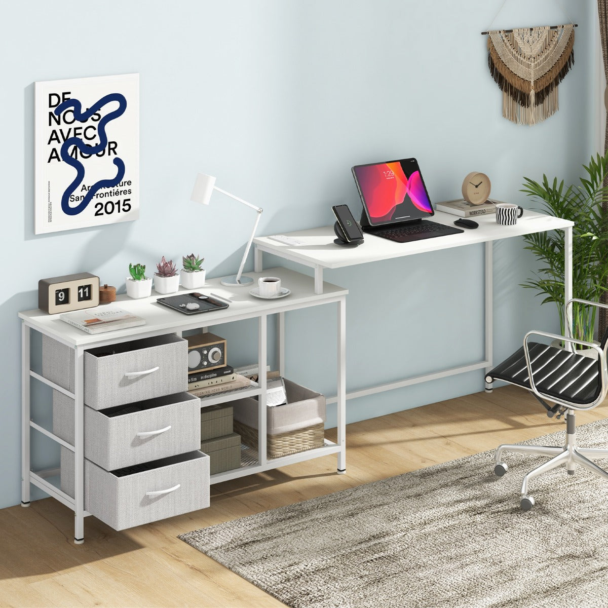 Costway L-shaped Computer Desk with Power Outlet for Working Studying-White