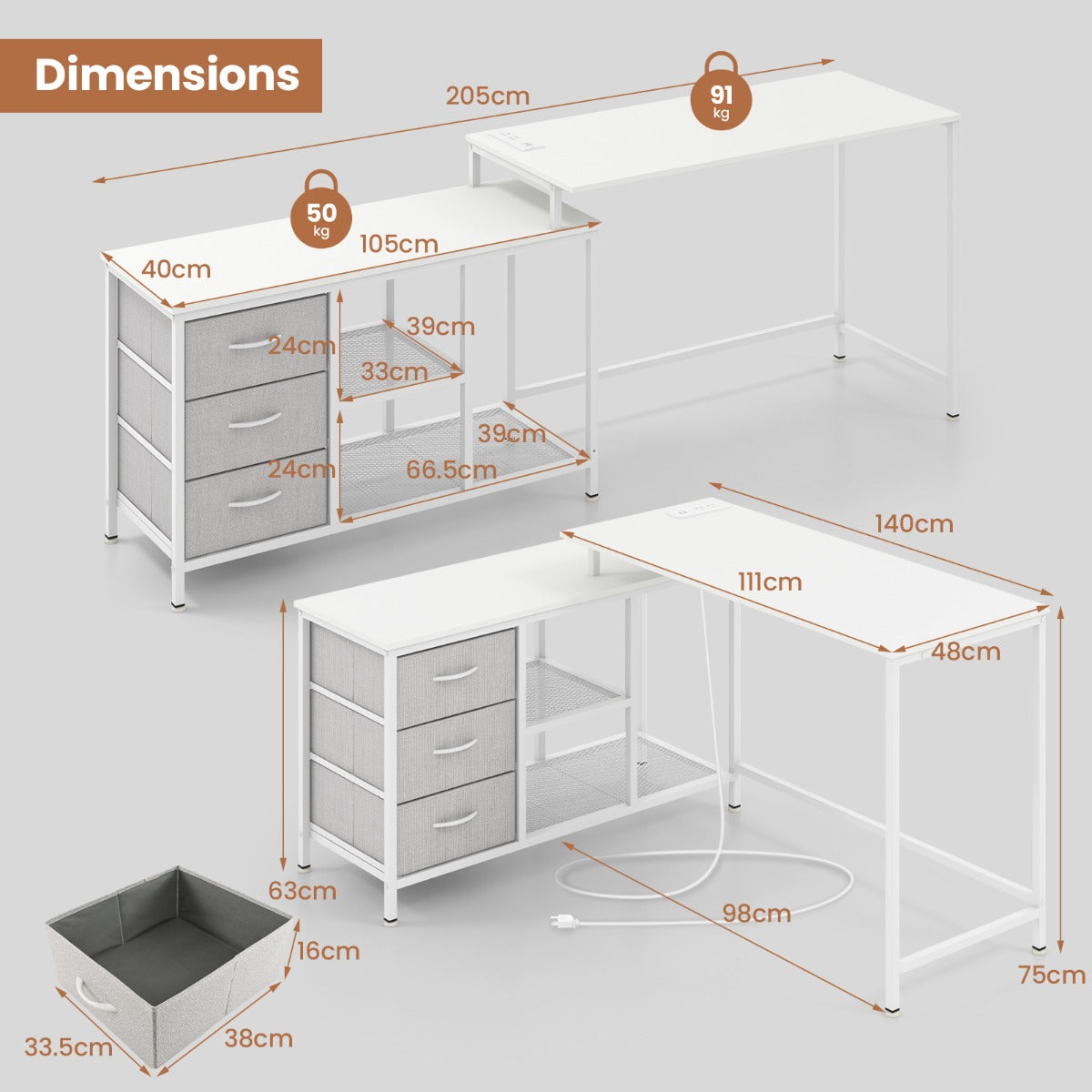 Costway L-shaped Computer Desk with Power Outlet for Working Studying-White