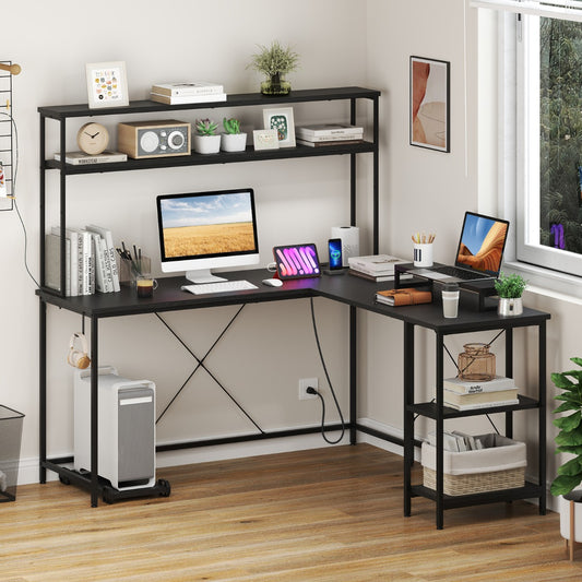 L-Shaped Gaming Desk with LED Strip and Power Outlets-Black