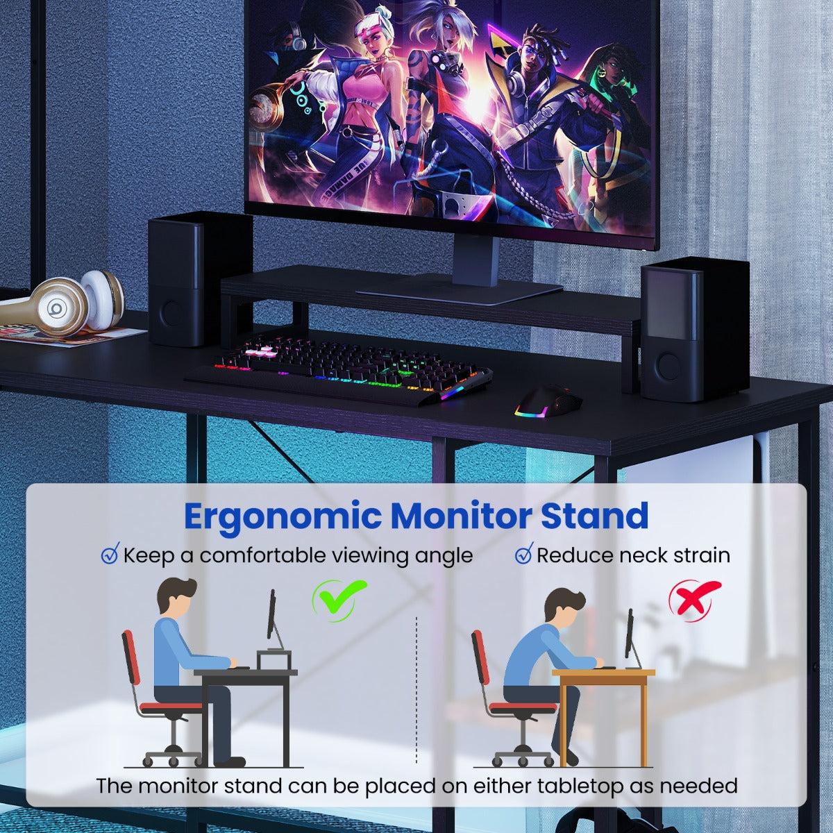 L-Shaped Gaming Desk with LED Strip and Power Outlets-Black