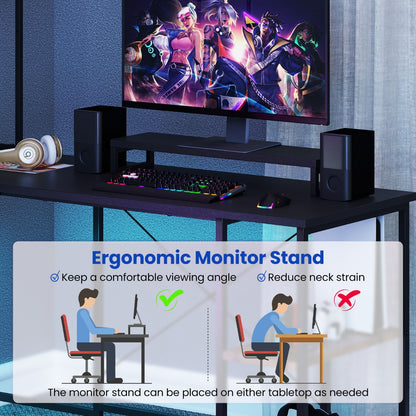 L-Shaped Gaming Desk with LED Strip and Power Outlets-Black