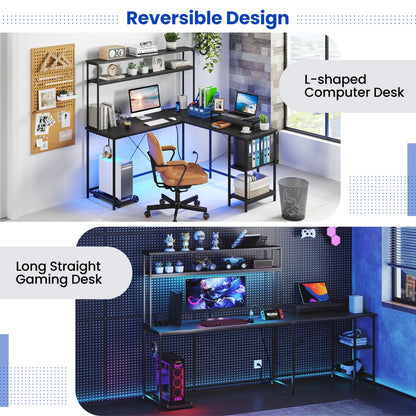 L-Shaped Gaming Desk with LED Strip and Power Outlets-Black