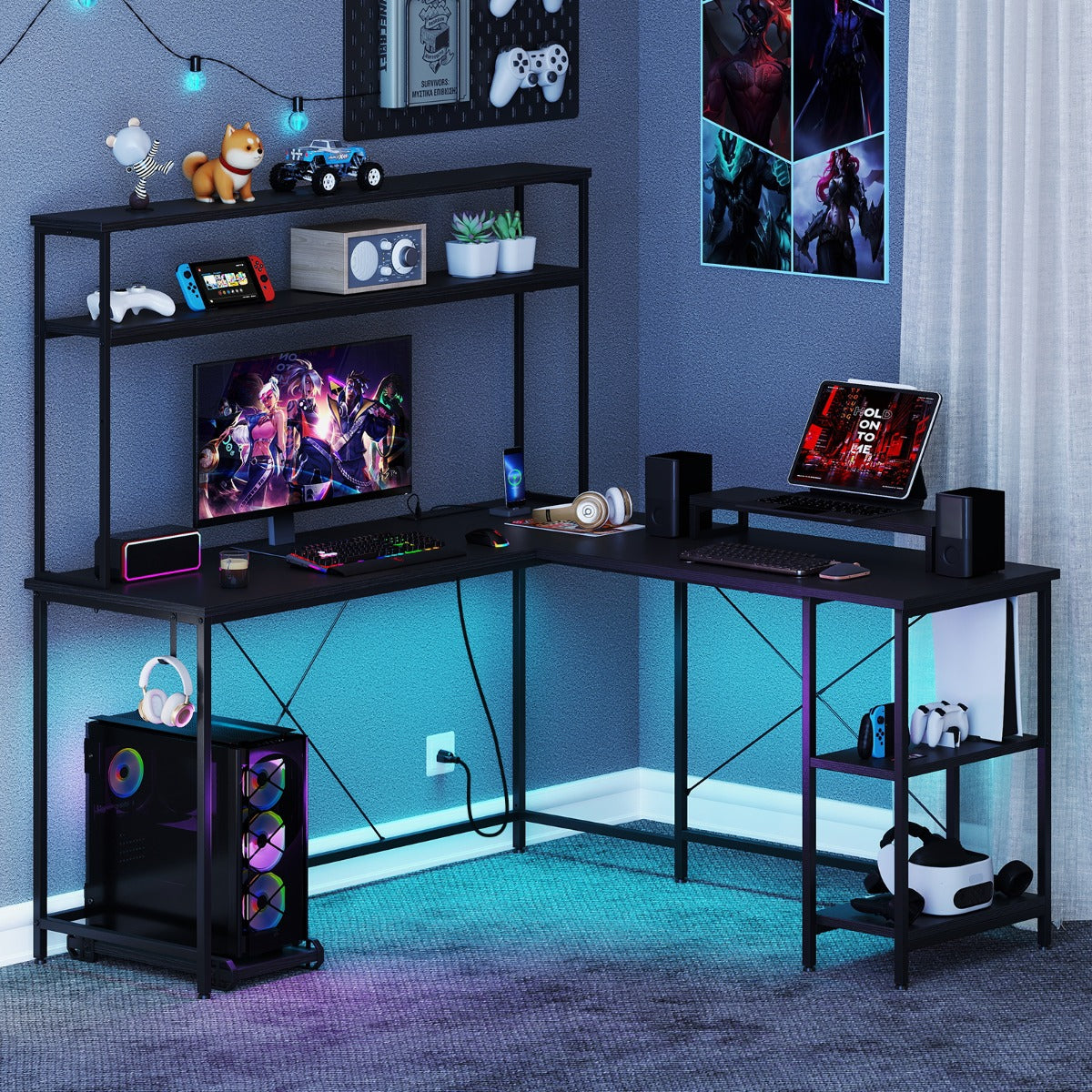 L-Shaped Gaming Desk with LED Strip and Power Outlets-Black
