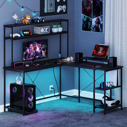 L-Shaped Gaming Desk with LED Strip and Power Outlets-Black