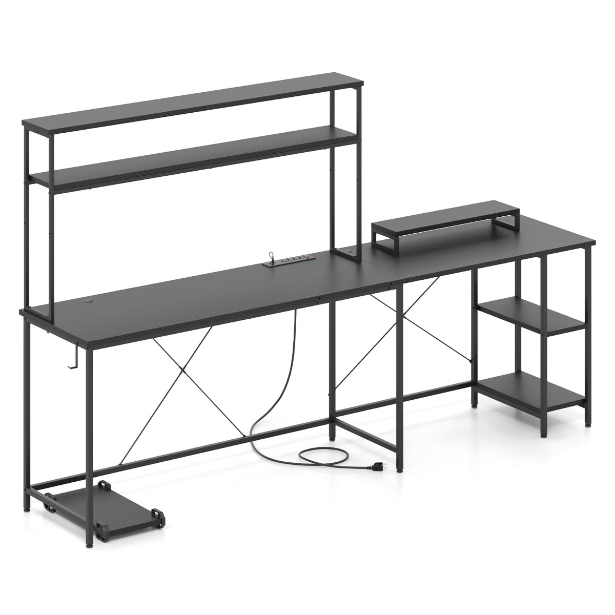 L-Shaped Gaming Desk with LED Strip and Power Outlets-Black