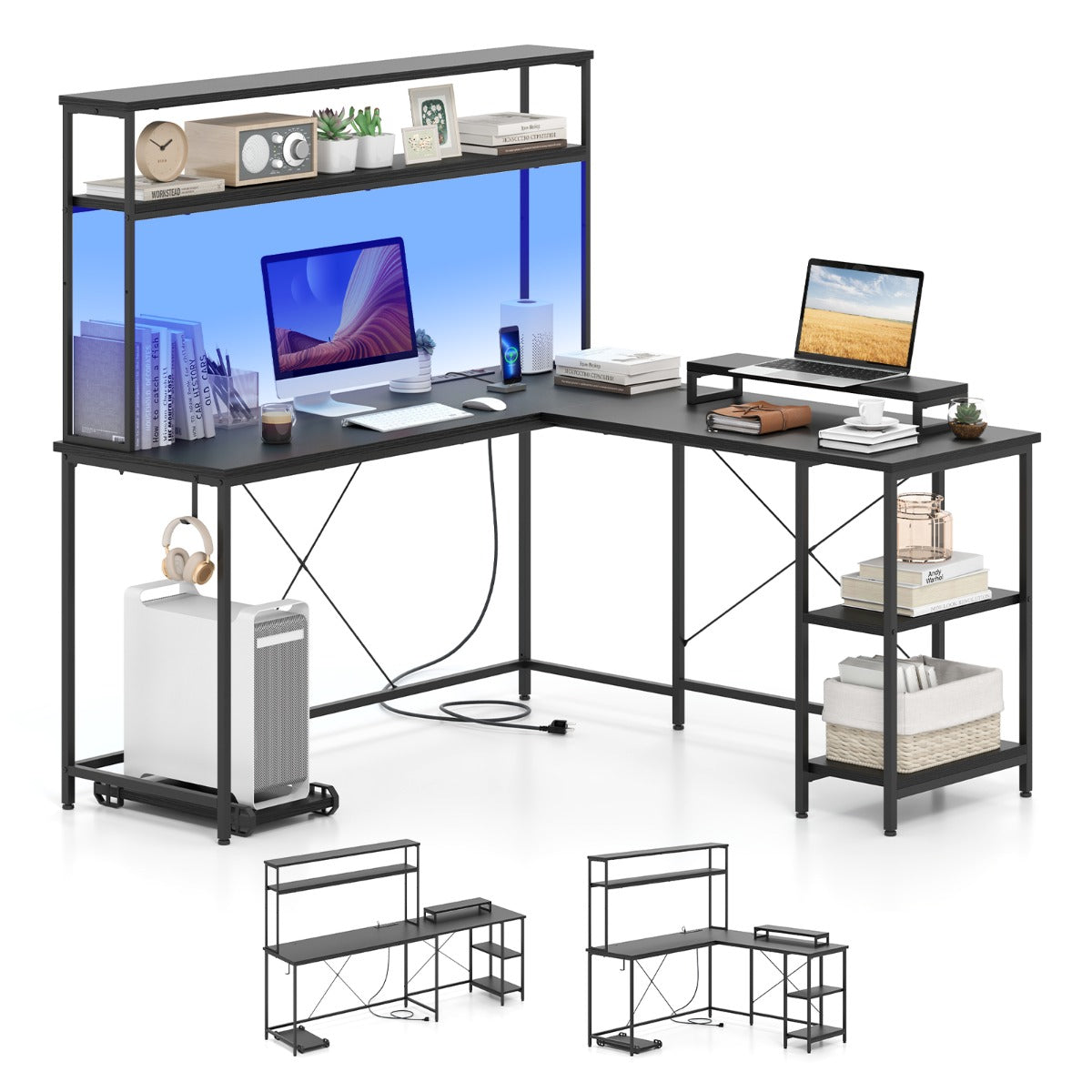 L-Shaped Gaming Desk with LED Strip and Power Outlets-Black