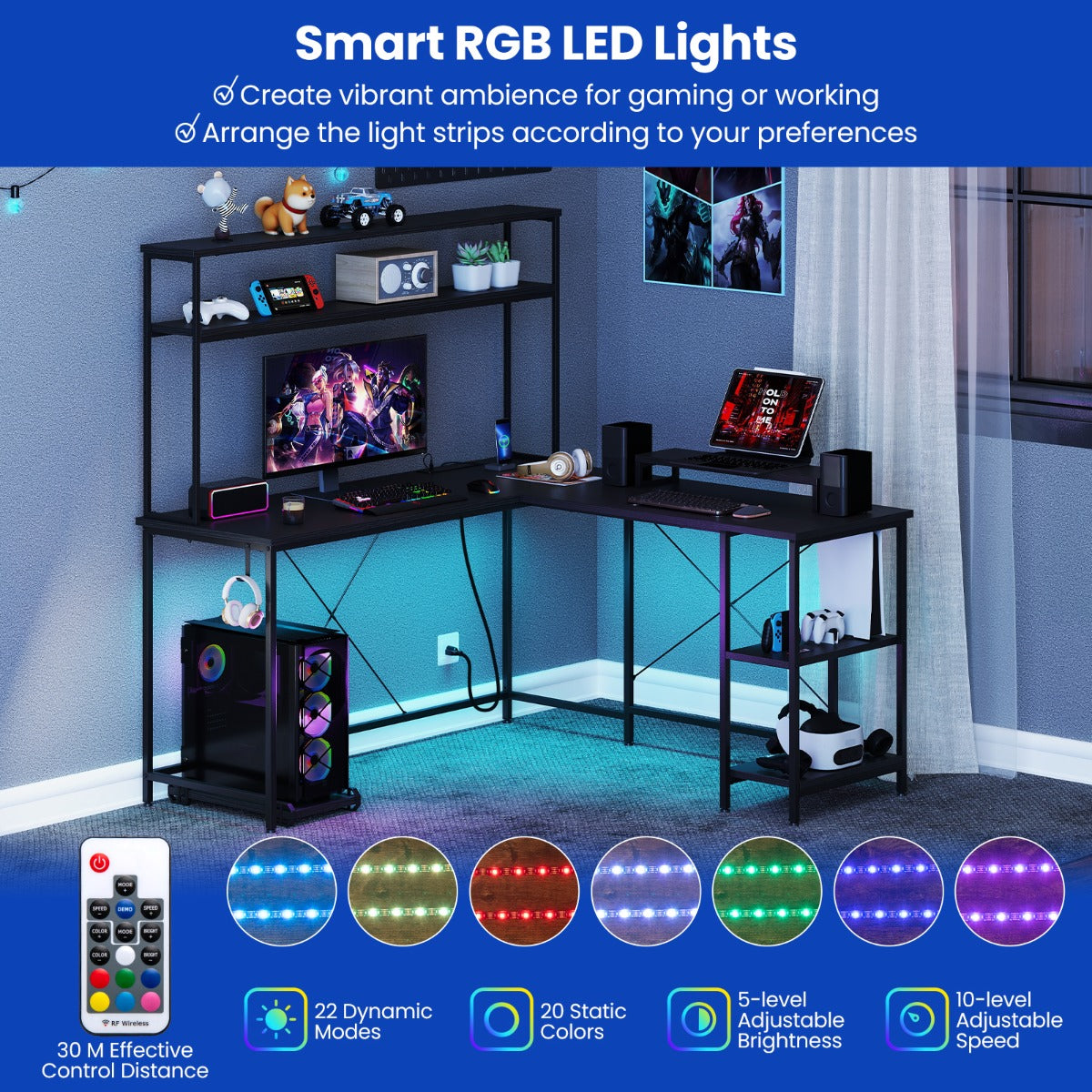 L-Shaped Gaming Desk with LED Strip and Power Outlets-Black