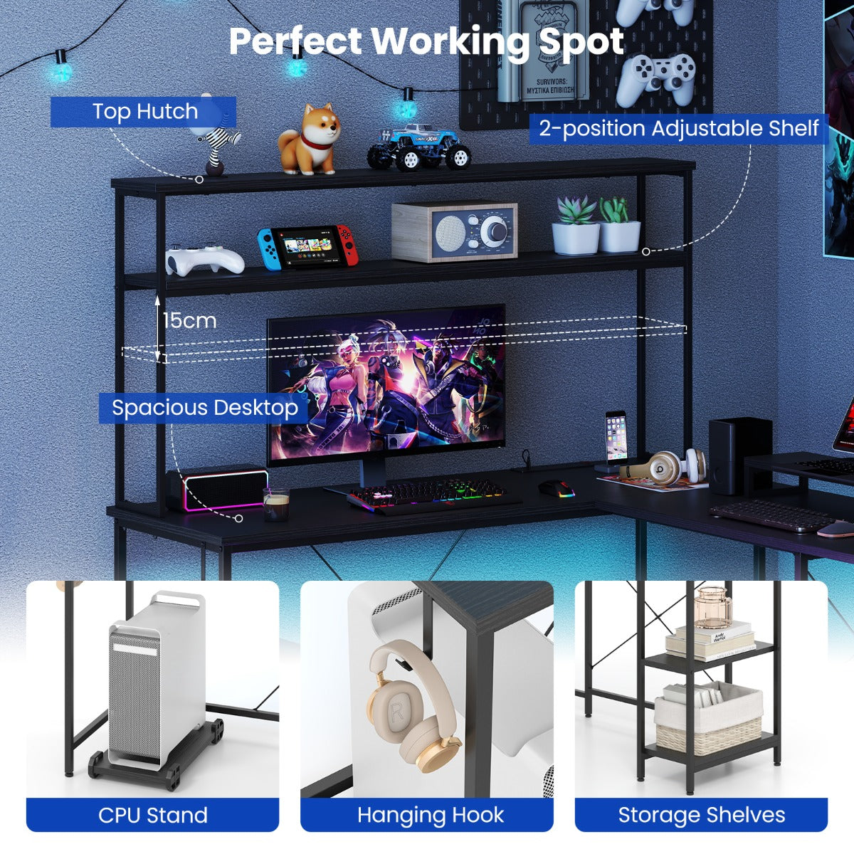 L-Shaped Gaming Desk with LED Strip and Power Outlets-Black
