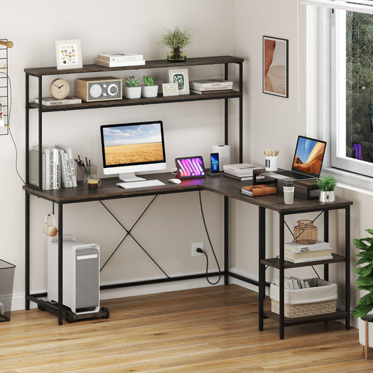 L-Shaped Gaming Desk with LED Strip and Power Outlets-Grey