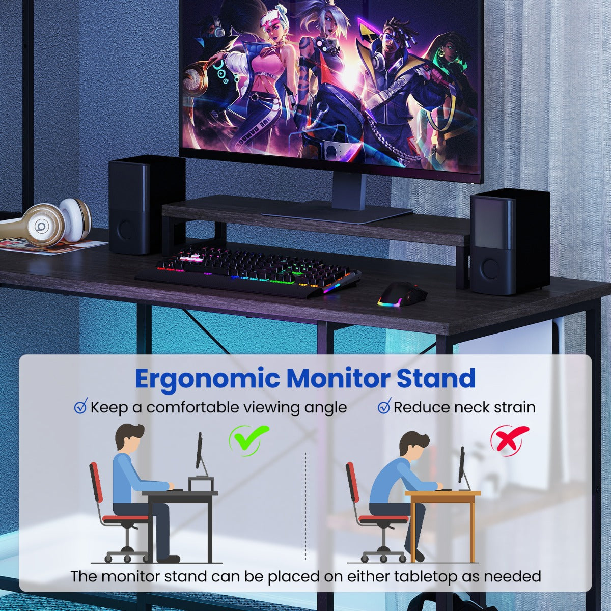 L-Shaped Gaming Desk with LED Strip and Power Outlets-Grey