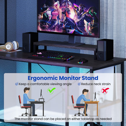 L-Shaped Gaming Desk with LED Strip and Power Outlets-Grey