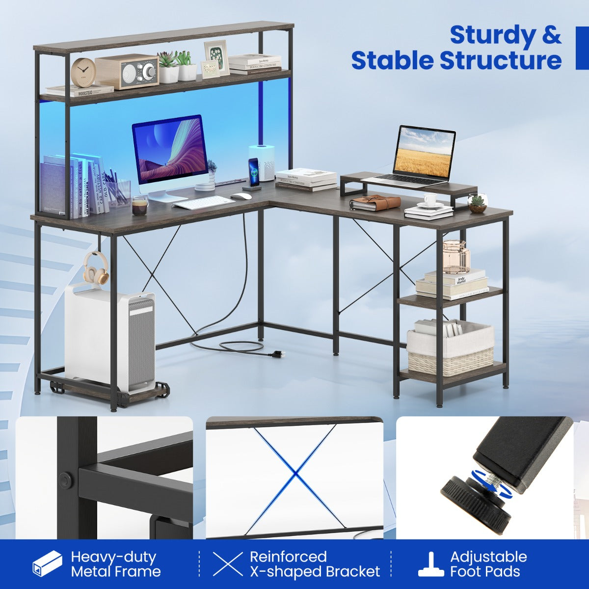 L-Shaped Gaming Desk with LED Strip and Power Outlets-Grey