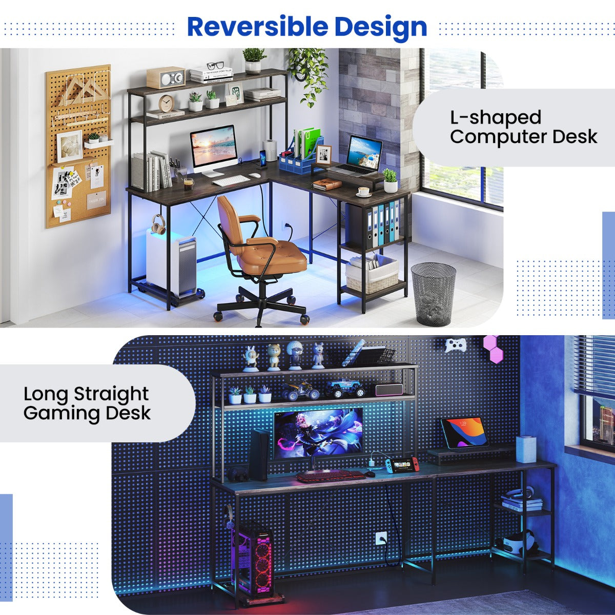 L-Shaped Gaming Desk with LED Strip and Power Outlets-Grey