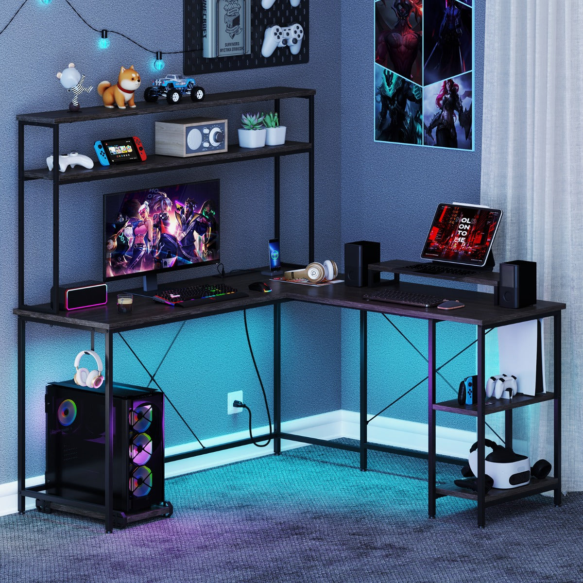 L-Shaped Gaming Desk with LED Strip and Power Outlets-Grey