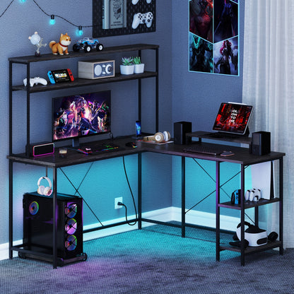 L-Shaped Gaming Desk with LED Strip and Power Outlets-Grey