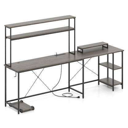L-Shaped Gaming Desk with LED Strip and Power Outlets-Grey