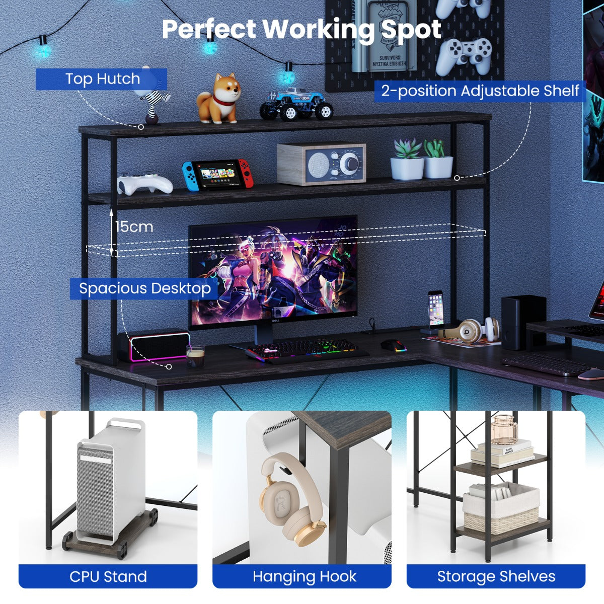 L-Shaped Gaming Desk with LED Strip and Power Outlets-Grey