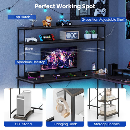 L-Shaped Gaming Desk with LED Strip and Power Outlets-Grey