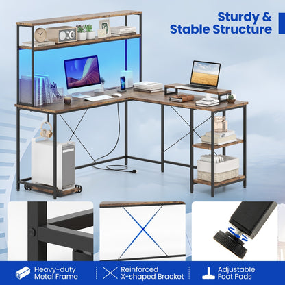 L-Shaped Gaming Desk with LED Strip and Power Outlets-Rustic Brown