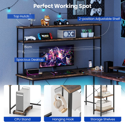 L-Shaped Gaming Desk with LED Strip and Power Outlets-Rustic Brown