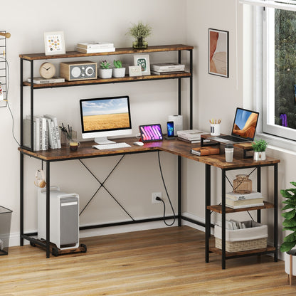 L-Shaped Gaming Desk with LED Strip and Power Outlets-Rustic Brown