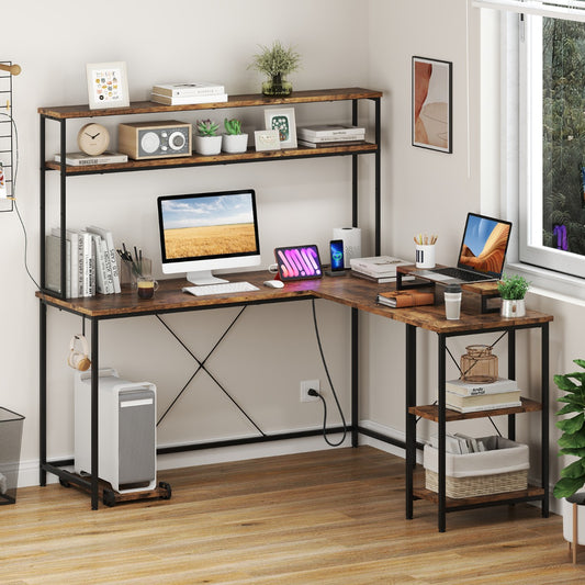L-Shaped Gaming Desk with LED Strip and Power Outlets-Rustic Brown