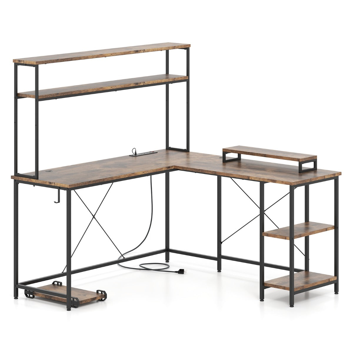 L-Shaped Gaming Desk with LED Strip and Power Outlets-Rustic Brown