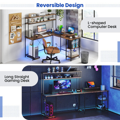 L-Shaped Gaming Desk with LED Strip and Power Outlets-Rustic Brown