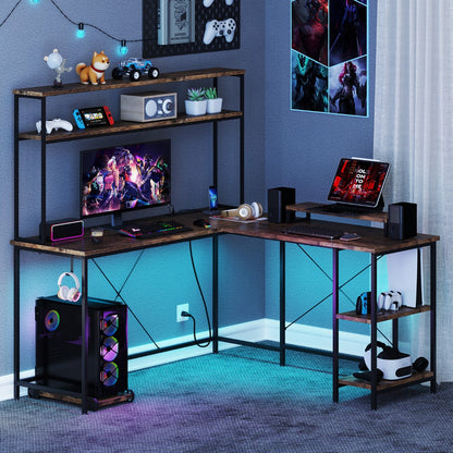 L-Shaped Gaming Desk with LED Strip and Power Outlets-Rustic Brown