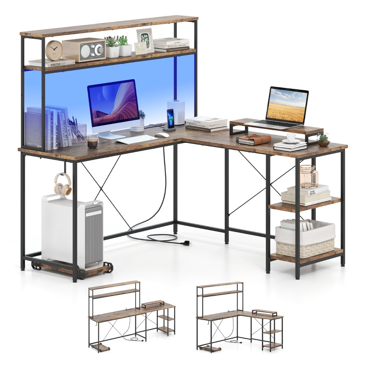 L-Shaped Gaming Desk with LED Strip and Power Outlets-Rustic Brown