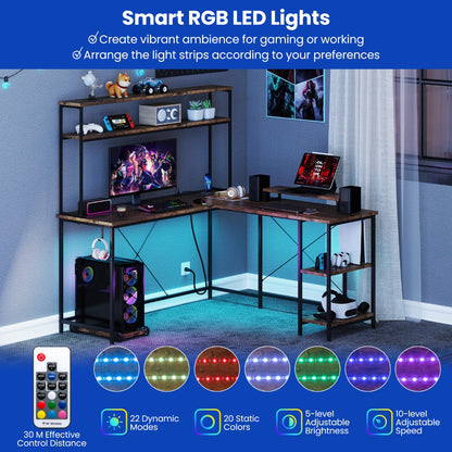 L-Shaped Gaming Desk with LED Strip and Power Outlets-Rustic Brown