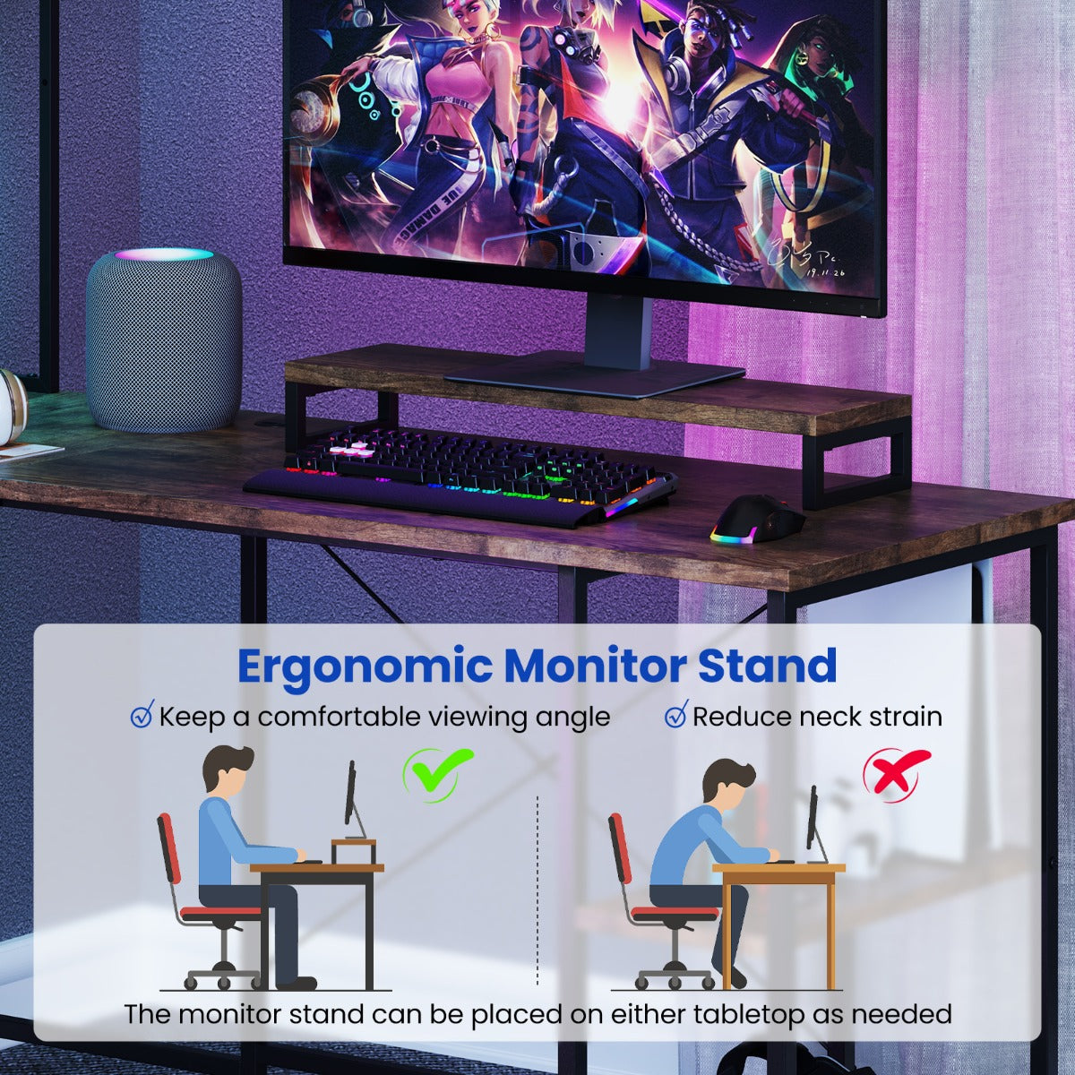 L-Shaped Gaming Desk with LED Strip and Power Outlets-Rustic Brown