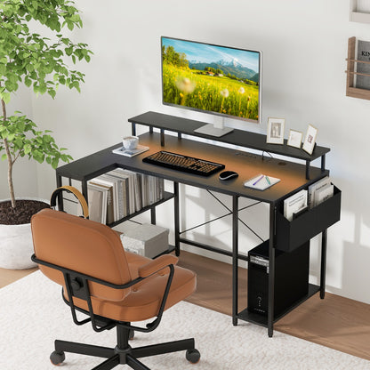 L-Shaped Gaming Desk with LED Lights and Power Outlets-Black