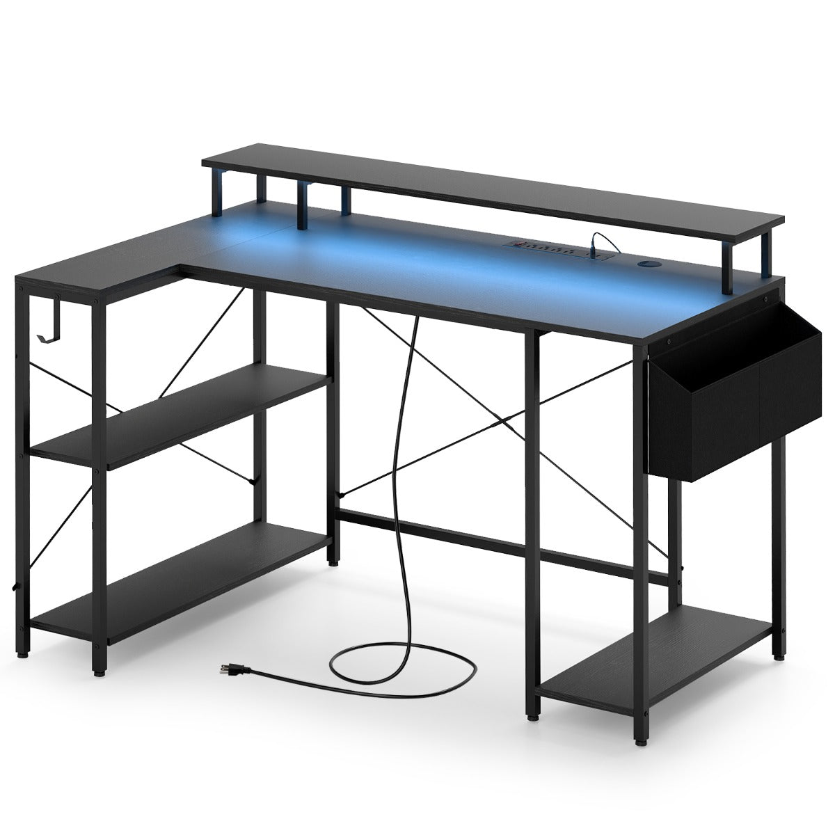 L-Shaped Gaming Desk with LED Lights and Power Outlets-Black