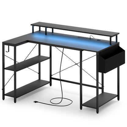 L-Shaped Gaming Desk with LED Lights and Power Outlets-Black