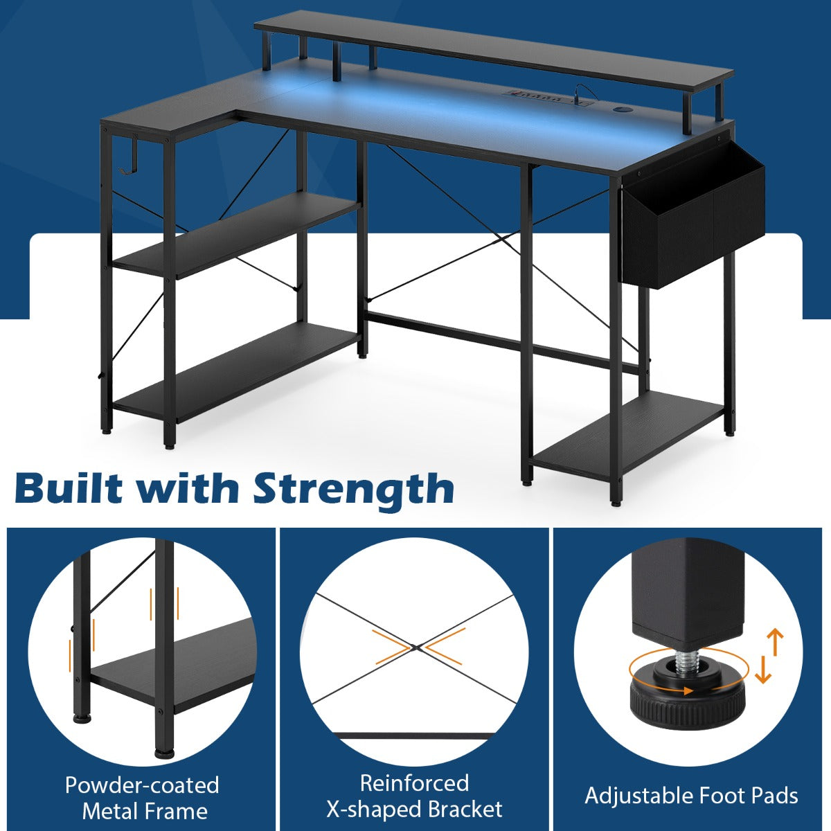 L-Shaped Gaming Desk with LED Lights and Power Outlets-Black