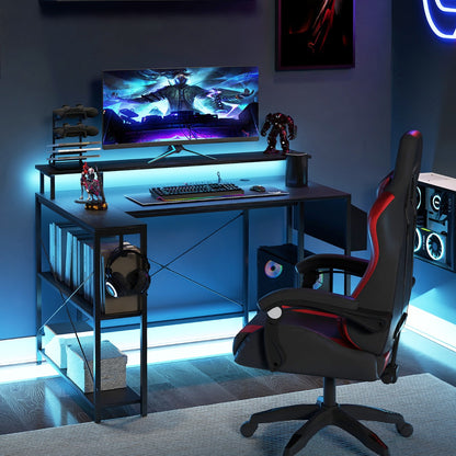 L-Shaped Gaming Desk with LED Lights and Power Outlets-Black