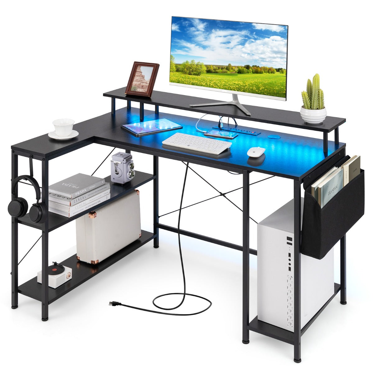 L-Shaped Gaming Desk with LED Lights and Power Outlets-Black