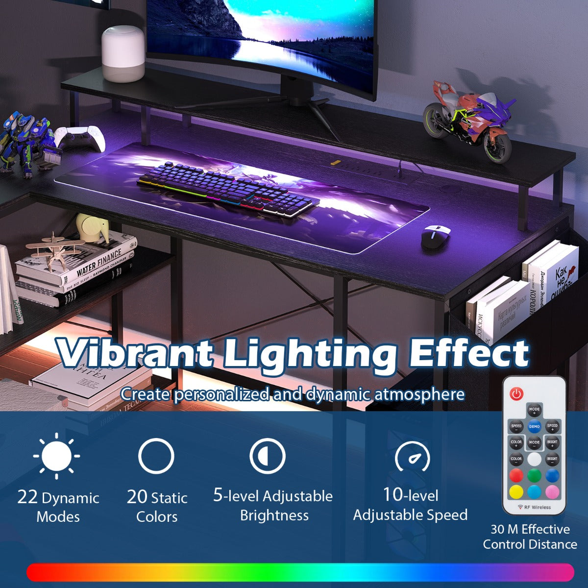 L-Shaped Gaming Desk with LED Lights and Power Outlets-Black