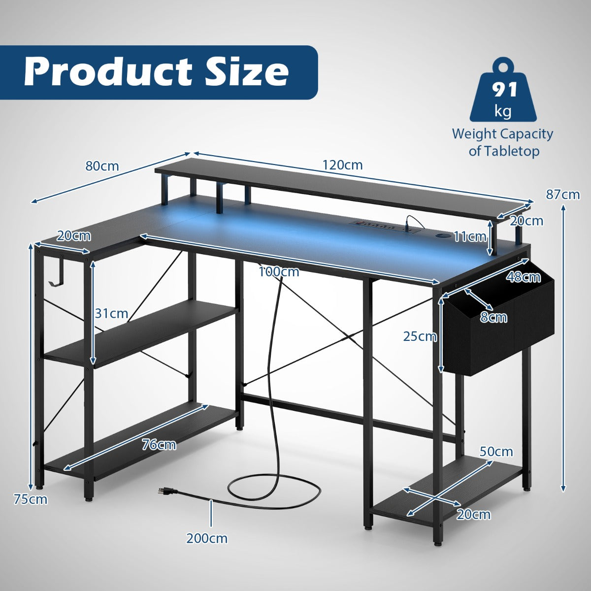L-Shaped Gaming Desk with LED Lights and Power Outlets-Black